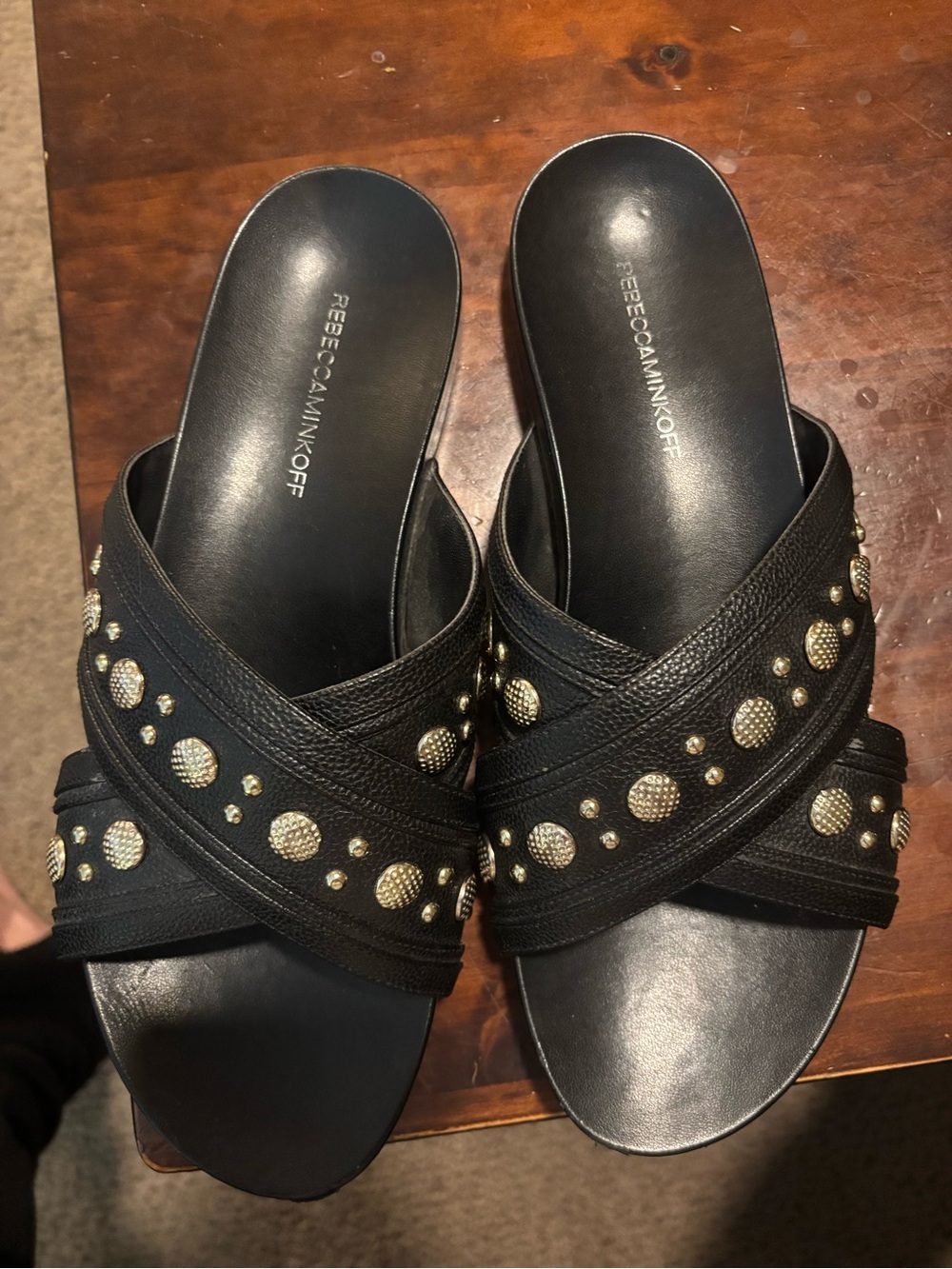 Rebecca Minkoff Black Cross-Strap Studded Slide Mules